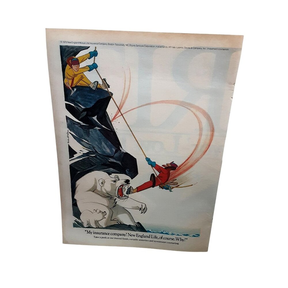 1976 New England Life Insurance Polar Bear Vintage Print Ad Art Illustration